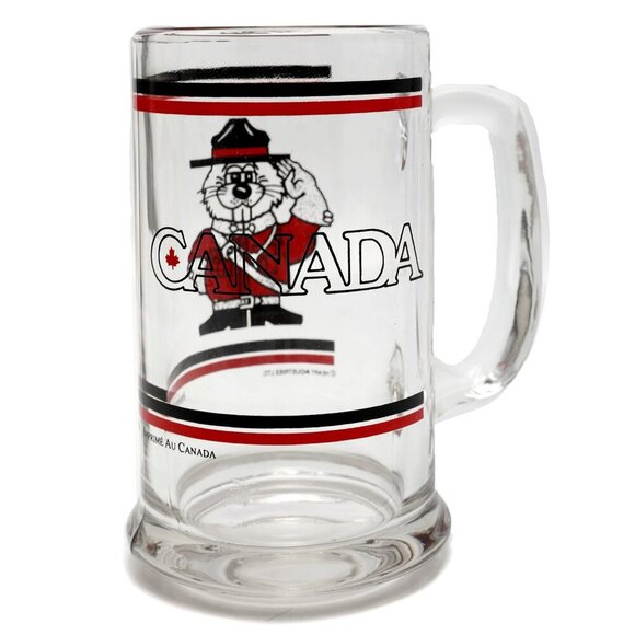 Vintage Glass Beaver Mountie Beer Mug Canada Drinking Cup Retro Canadiana - Picture 2 of 6